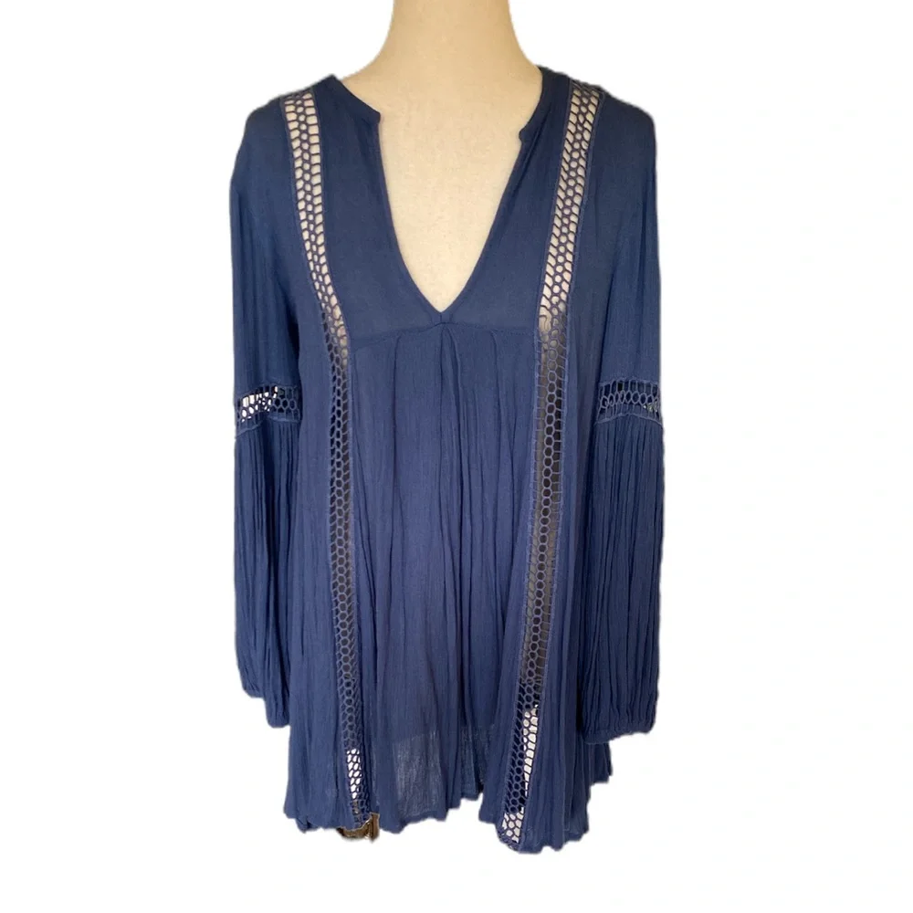 Free People Just Two of Us Crinkle Tunic in Washed Indigo - XS
